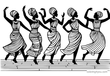 Group of people dancing in a traditional African style, with intricate movements and rhythmic timing