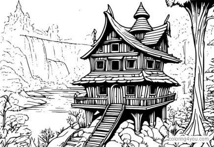 Baba Yaga's hut on chicken legs with a beautiful dreamlike castle in the background