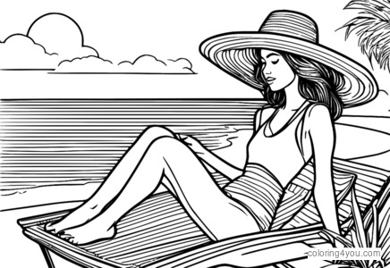 Mujer vistiendo un elegante sombrero para el sol y descansando en la playa