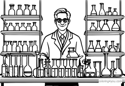 Scientist in lab coat surrounded by beakers and test tubes