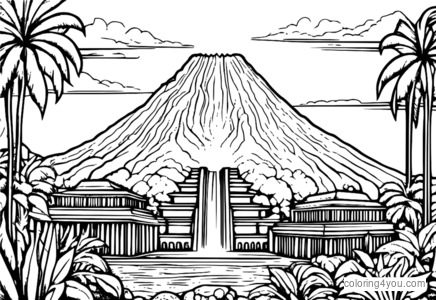 Coloring page of a lost city hidden under the ash and lava of a volcano