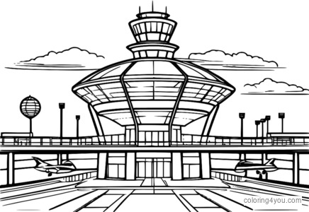 pahina ng pangkulay ng modernong airport control tower na may malaking glass dome