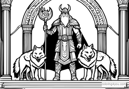 Odin steht vor Fenrir, dem Wolf, mit zwei Raben auf seinen Schultern.