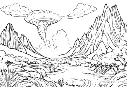 Colored illustration of a pyroclastic flow with hot ash and rock debris