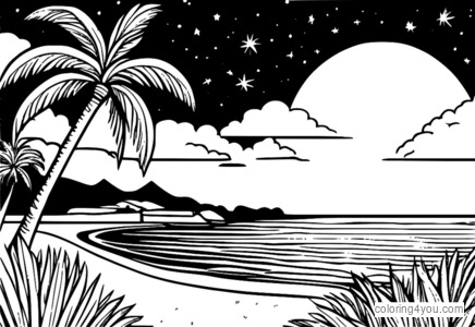 Page de coloriage relaxante sur la plage d'été la nuit.