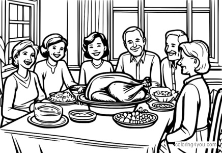 Coloring page of a family gathering around the Thanksgiving table.