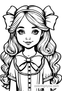 Coloring page of a girl with an oversized bow in her hair