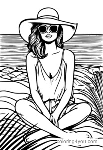 Mujer vistiendo un elegante sombrero para el sol y descansando en la playa