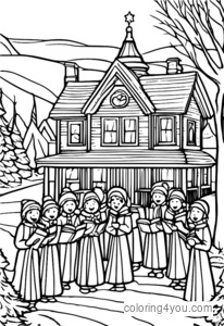 Christmas carolers singing in front of a snow-covered house