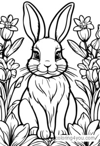 Colorful Easter flowers and bunnies for kids coloring page