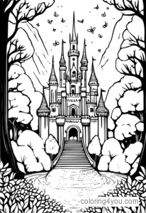 Coloring page of an enchanting castle hidden in the forest.