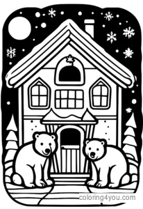 Gingerbread Polar Bears Coloring Page with Snow - Polar Bears Decorating Gingerbread House