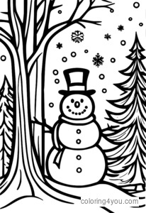 A snowman standing next to a beautifully decorated winter tree, surrounded by snowflakes and festive atmosphere.