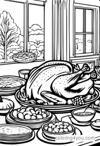 Coloring page of a family gathering around the Thanksgiving table.