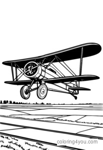 Coloring page of a vintage biplane on the runway