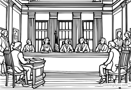 Coloring page of the signing of the Declaration of Independence with a birthday party theme