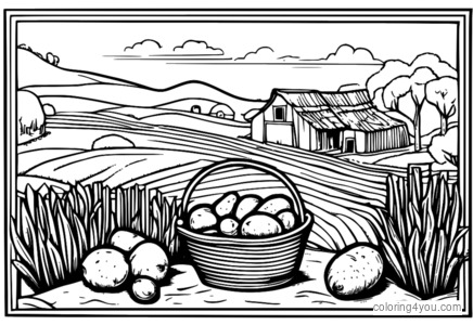 Malvorlagen eines alten Bauernhofs mit Kartoffeln in einem Korb