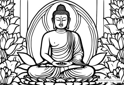 Buddha paċifiku f'pożizzjoni ta 'lotus f'nofs ġnien li jiffjorixxi, jistieden lill-utenti biex jimmeditaw u jirrilassaw.