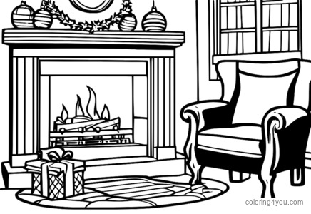 Christmas stockings and Santa by the fireplace coloring page