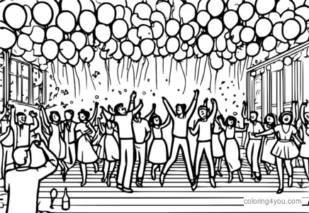 gekleurde afbeeldingen van mensen die dansen op een feestje met confetti en ballonnen