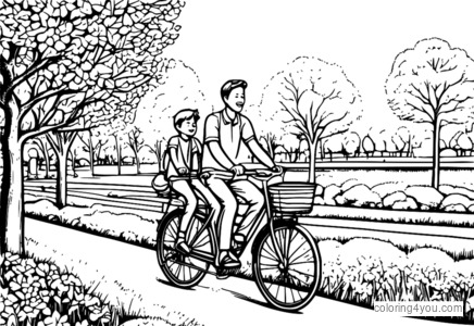 Father and son riding a tandem bicycle in a park