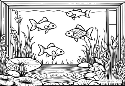 Dibujo para colorear de peces de colores y animales acuáticos en un estanque de jardín