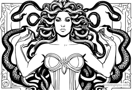 Dibujo para colorear de Medusa rodeada de serpientes.