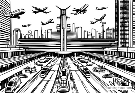 Modern airport skyscraper in city coloring page