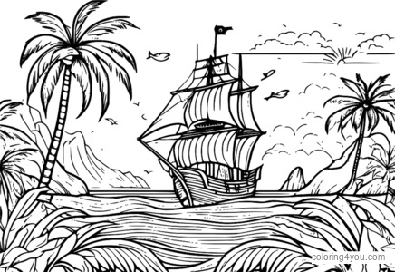 Pirate ship sailing on the ocean with mermaids swimming alongside, surrounded by palm trees and a sunset in the background