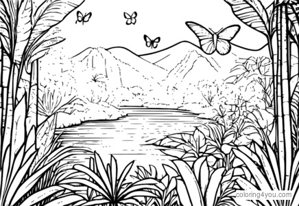 Illustration of tropical butterflies in the rainforest.