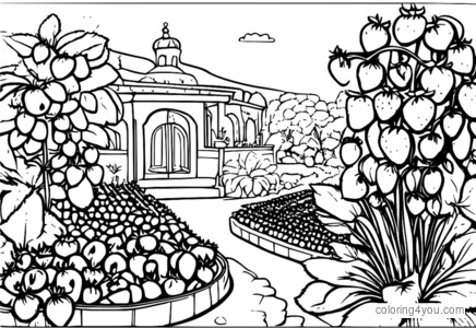 Illustration of strawberries growing in a Spanish garden during a fiesta celebration