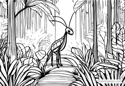 Whimsical illustration of a walking stick insect in a jungle forest