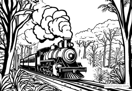 Locomotiva a vapor em uma cena de selva