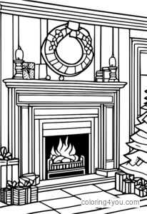 Christmas stockings and Santa by the fireplace coloring page