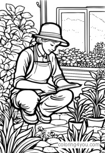 Gardener nurturing a seedling in a beautiful garden