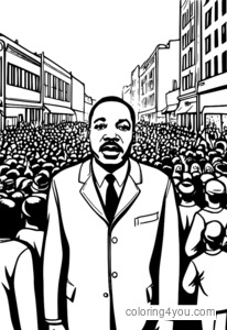 Martin Luther King Jr. s prejavom stojacim na ulici s pochodujúcim davom v pozadí