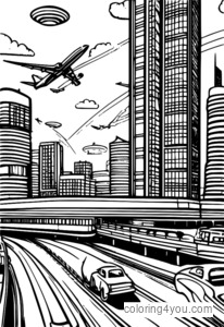 Modern airport skyscraper in city coloring page