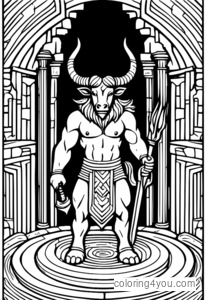 Minotaur berdiri di dalam labirin yang gelap dan misteri.