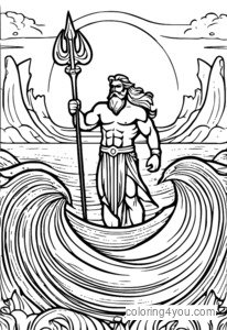 Poseidon standing in the distance, holding his trident in a peaceful ocean scene