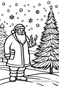 Coloring page of Santa Claus and Christmas tree with reindeer