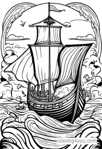 Coloriage de bateau viking avec des dragons marins