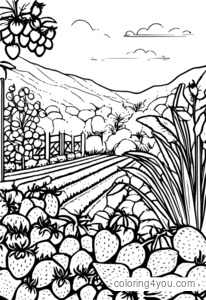 Illustration of strawberries growing in a Spanish garden during a fiesta celebration