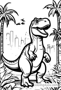 T-Rex entre ciudades coloridas y frutas cayendo