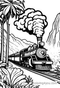 Steam locomotive in a jungle scene