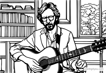 Eric Clapton spilar á blúsgítar, umkringdur gíturum og nótnablöðum