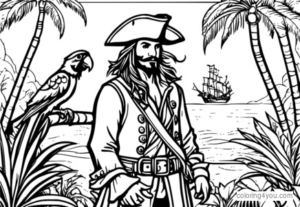 Glowing Pirate with Parrot at Night coloring page