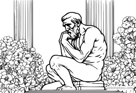 Coloring page of Rodin's The Thinker near flowers