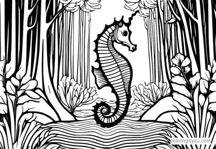 A sea horse swimming in a forest with trees and fish