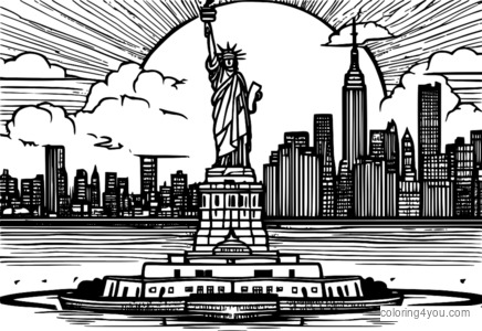 Coloring page of the Statue of Liberty at night in New York City