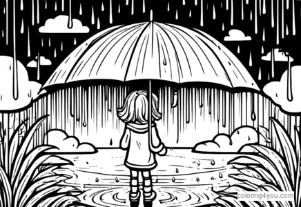 coloriage d'un enfant jouant sous la pluie pendant un orage